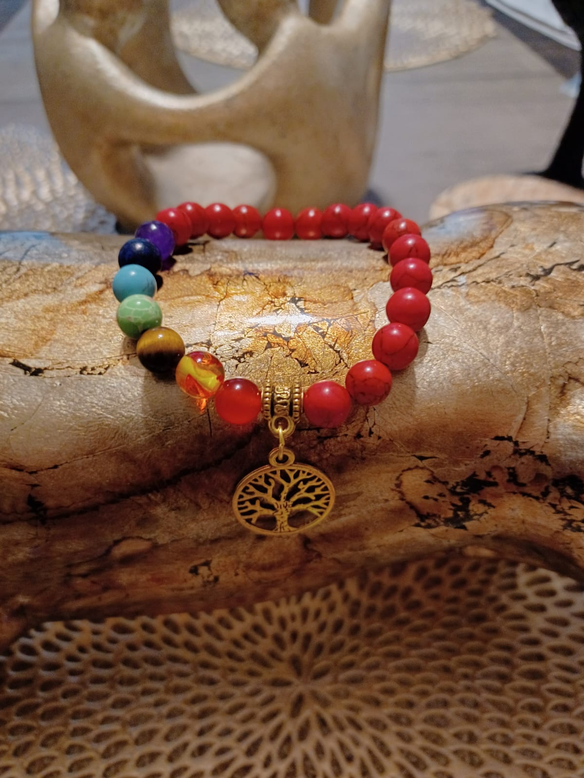 Handmade Natural Tiger Eye Stone 7 Chakra Tree of Life Charm Yoga Bracelet